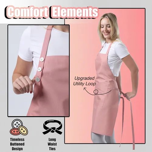 Miniatura 6 de TOSHE Delantal de cocina de algodón resistente a las gotas de agua con delantales ajustables para mujer con bolsillos, 10 opciones de color, Rosa