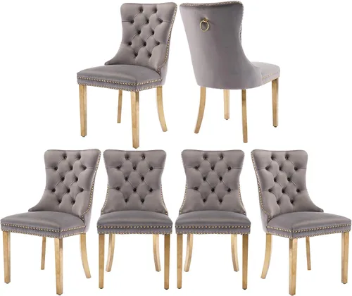 Miniatura 53 de Juego de 2 sillas de comedor, sillas de comedor tapizadas con tirador de anillo trasero, ribete de cabeza de clavo y patas de acero inoxidable Gris