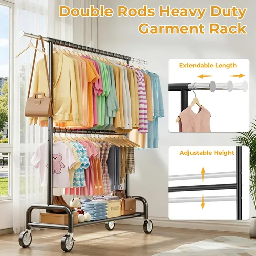 Miniatura 6 de Perchero de ropa resistente con carga de 860 libras, estantes de ropa rodantes de doble barra para colgar ropa, estante de ropa rodante con estantes