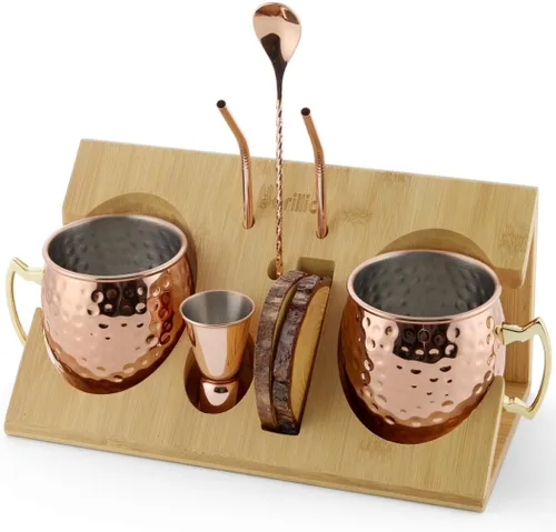 Barillio Moscow Mule - Juego de 2 tazas de cóctel de acero inoxidable, chapadas en cobre con soporte de bambú, aptas para alimentos, kit Moscow Mule