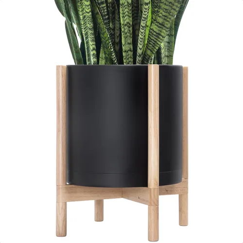 Miniatura 37 de Maceta de D'vine Dev con soporte - Maceta de flores de cilindro de plástico de 8.0 pulgadas con soporte de madera para interiores, maceta mate negra