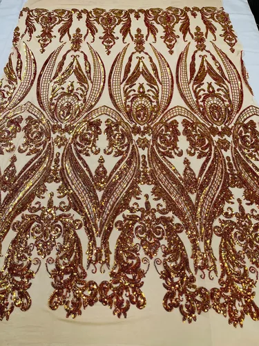 Miniatura 8 de Telón de fondo King INC Empire Damask Design con lentejuelas bordadas en una tela de malla elástica de 4 vías (amarillo brillante)