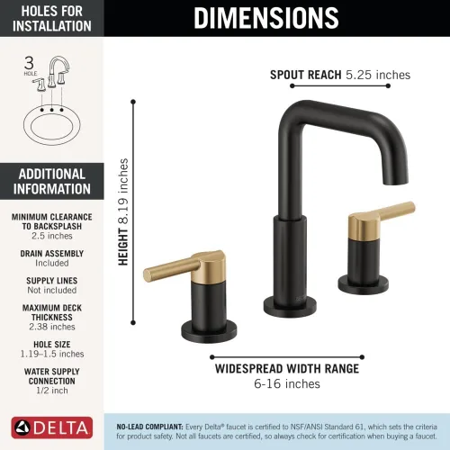 Miniatura 5 de Delta Nicoli - Grifo de lavabo de baño con 3 agujeros, 8 pulgadas para lavabo de baño, montaje de drenaje push-pop, negro mate/bronce champán