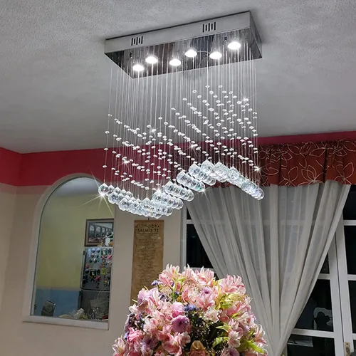 Miniatura 4 de Araña moderna de onda, araña rectangular de cristal con gotas de lluvia, montaje empotrado, lámpara colgante de techo cromada, ideal para comedor