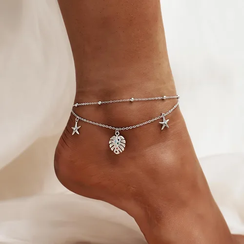 Miniatura 57 de CHIC & ARTSY Tobilleras delicadas de plata de ley S925 para verano, pulsera de tobillo ajustable multicapa para playa, joyería de pie para mujer
