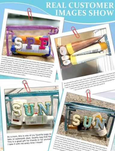 Miniatura 4 de COSHAYSOO Bolsa de Maquillaje Transparente con Protección Solar, Bolsa de Protector Solar con Parches de Letras, Accesorios Esenciales de Playa