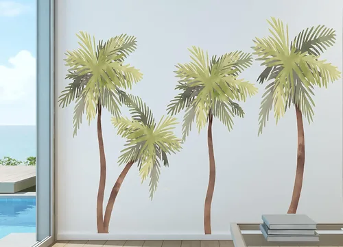 Calcomanía de pared de acuarela de palmera, decoración de casa de playa, calcomanías con estampado tropical, gaviotas de pájaros, 72 pulgadas de