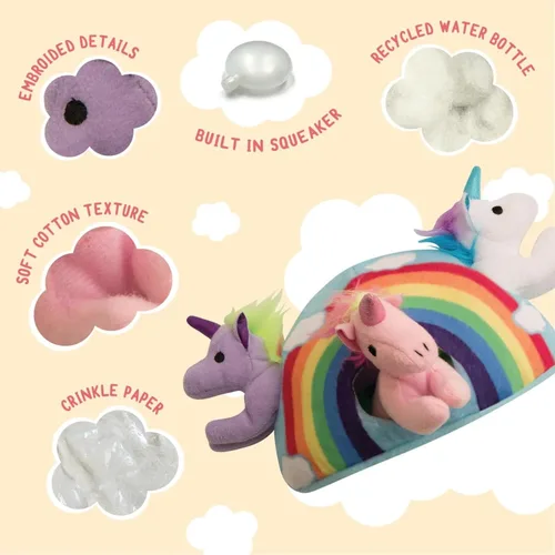 Miniatura 2 de Snugarooz - Juguete para perro con parche de reparación – Arco iris de peluche interactivo con 3 unicornios chirriantes – Diseñado para un juego