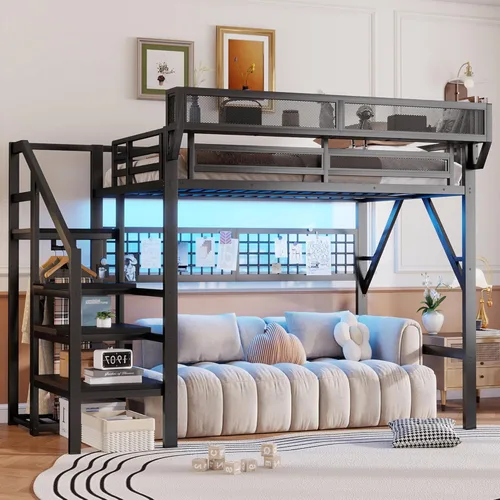 Miniatura 10 de Base de cama Queen Loft con escaleras y almacenamiento, marco de cama de metal resistente, capacidad de 800 libras, para adultos y adolescentes