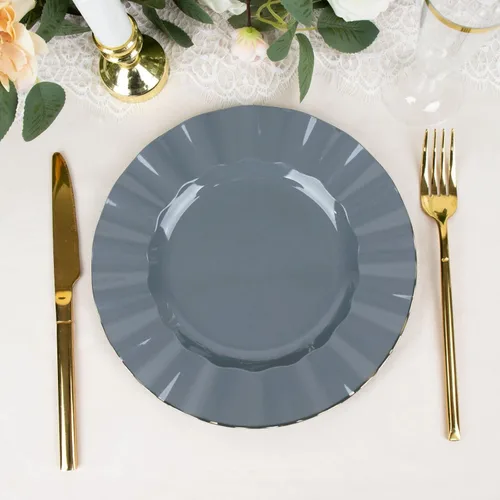 Miniatura 169 de Tableclothsfactory Paquete de 10 platos redondos de plástico negro de 6 pulgadas para ensalada de postre, platos desechables con borde ondulado