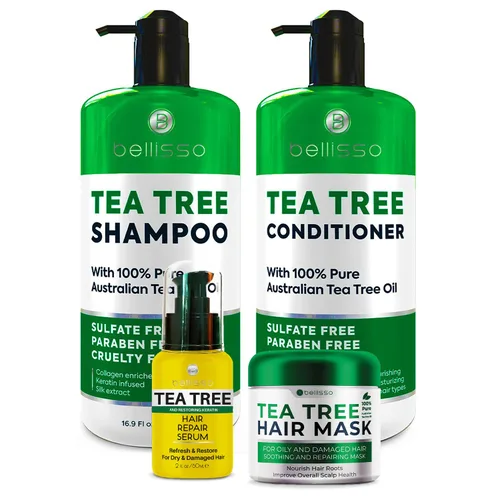 BELLISSO Juego de champú y acondicionador de aceite de árbol de té y aceite de árbol de té, máscara para el cabello y aceite de árbol de té suero