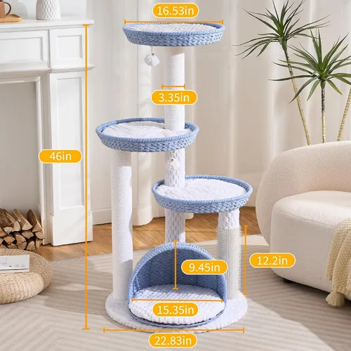 Miniatura 8 de HITTITE Moderna torre de árbol para gatos con poste rascador, torres para gatos de 46 pulgadas de alto con nidos y cueva tejidos, árbol para gatos