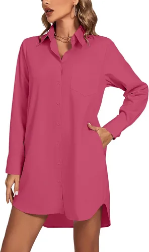 Miniatura 24 de LYANER Vestido camisero para mujer con cuello en V, botones, manga larga y dobladillo curvado