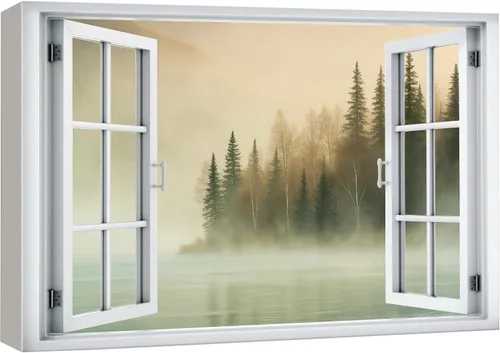 Miniatura 34 de wall26 - Cuadro en lienzo para pared, vista de ventana, río neón turquesa, rápido, bosque, lago, arroyo, naturaleza salvaje, fotografía, realismo