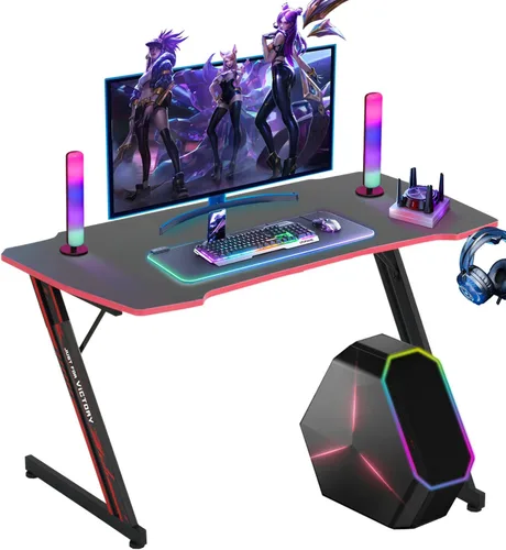 Miniatura 10 de Escritorio para juegos de 35 pulgadas en forma de Z con gancho, mesa de juegos para PC barata, escritorio de oficina en casa para cama, sofá, Azul