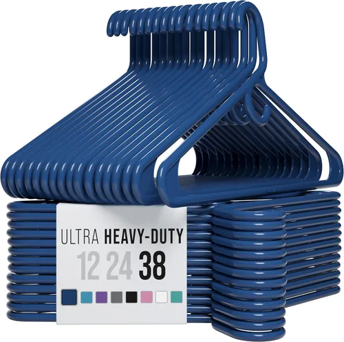 NEATERIZE Perchas gruesas y resistentes, paquete de 38 perchas de plástico color azul marino, ideales para colgar abrigos, chaquetas, jeans y