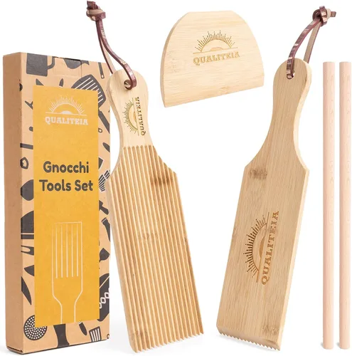 Juego de tablas de ñoquis para masa rodante, 2 paletas, 2 rodillos y 1 cortador, herramientas moldeadoras de pasta de bambú, máquina para hacer