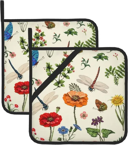 Juego de 2 soportes para ollas de libélula de primavera con diseño de hojas de helecho botánico para cocina, decorativas, resistentes al calor,