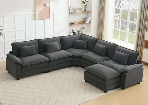 Miniatura 44 de Juego de sofá seccional modular de gran tamaño, sofá de nube convertible de asiento profundo, sofá esquinero grande en forma de L con cojines Beige