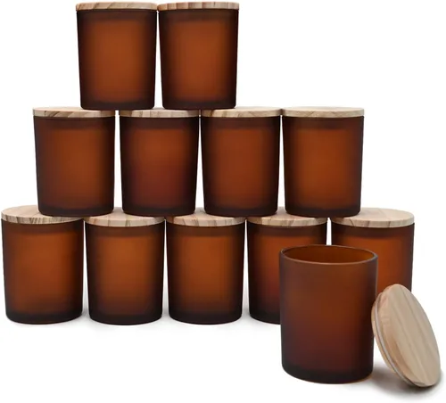 Miniatura 52 de SHOWIN Tarros de vela gruesos de 14 OZ para hacer velas 12 Piezas, tarros vacíos de 3 mechas con tapas de madera para hacer velas, recipiente