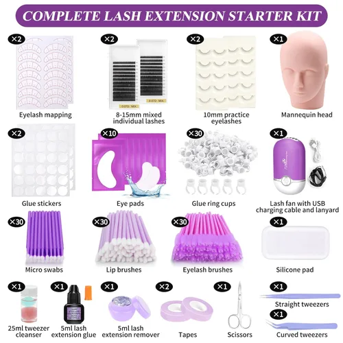 Miniatura 3 de Kit de extensión de pestañas para principiantes, juego de suministros profesionales para extensión de pestañas con cabeza de maniquí, pegamento
