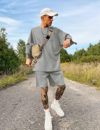 Miniatura 4 de Babioboa Conjunto de camiseta y pantalones cortos de manga corta para hombre, 2 bolsillos, de gran tamaño, de dos piezas, casual, uso diario