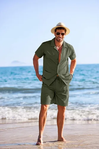 Miniatura 3 de COOFANDY Conjunto de camisa de 2 piezas para hombre, ajuste regular, manga corta, con botones, informal, para playa, pantalones cortos