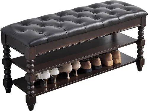 Miniatura 12 de Banco de almacenamiento de zapatos, zapatero de entrada con asiento de cuero de fibra de 2 niveles, organizador superior de madera para entrada