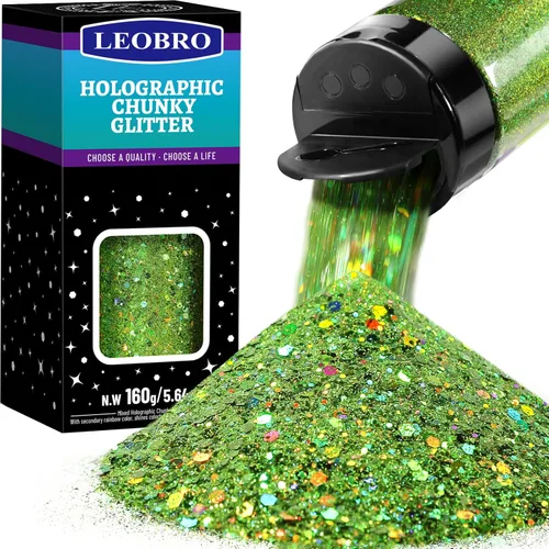 Miniatura 15 de LEOBRO - Purpurina dorada, 160g/5.64oz, purpurina holográfica gruesa para manualidades, resina, uñas, cuerpo, vasos, decoraciones de fiesta Láser Oro
