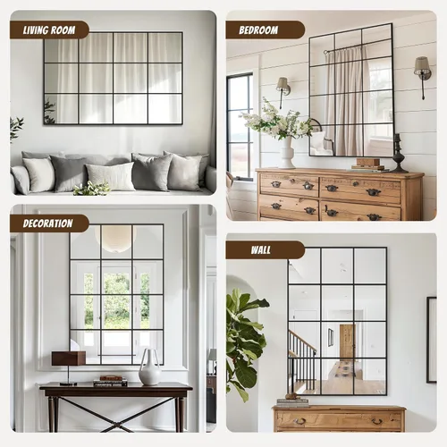 Miniatura 6 de Antok Espejo de pared, espejo decorativo de ventana de 24 x 36 pulgadas, espejo de pared con marco de metal, colgante o inclinado para sala