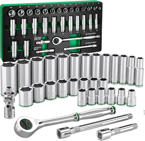 Miniatura 10 de SK Juego de llaves de 3/8" de transmisión con carraca de 160 dientes, 56 piezas, SAE y métricas, acabado SuperKrome, construcción premium CR-V