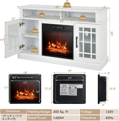 Miniatura 3 de Tangkula Soporte de TV con chimenea para televisores de hasta 55 pulgadas, con inserto de chimenea de 18 pulgadas 4777 BTU, brillo de 3 niveles