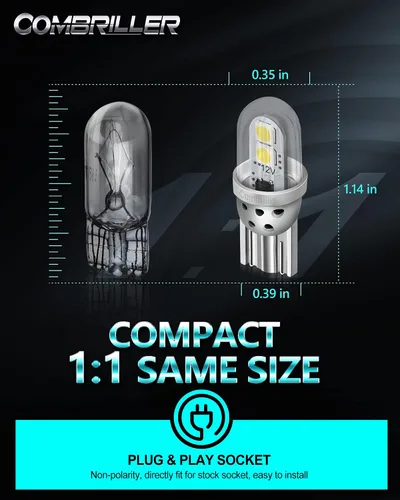 Miniatura 6 de Combriller 194 foco LED blanco 6000K súper brillante 168 2825 W5W T10 con cubierta protectora y diseño hueco, focos LED de repuesto para domo, mapa