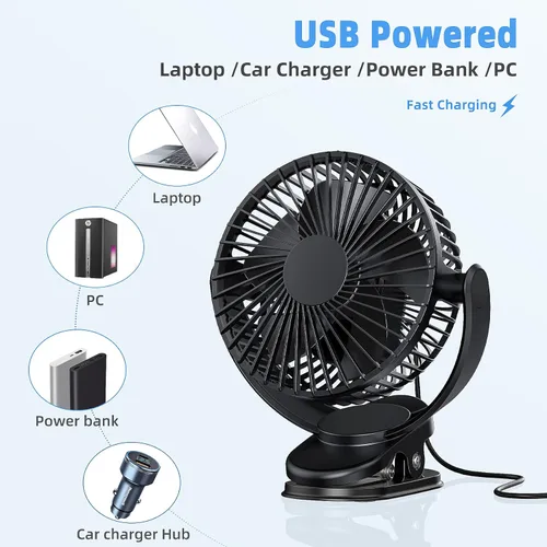 Miniatura 7 de ATEngeus Ventilador de escritorio recargable con clip USB, 3 velocidades, batería de 5000mAh, rotación de 720, abrazadera resistente para el hogar