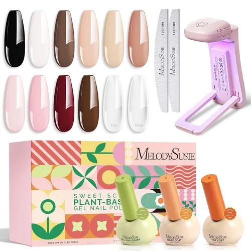 MelodySusie Juego de esmaltes de uñas de gel altamente pigmentados con mini luz UV, fórmula a base de plantas, 10 colores nude + 2 capas superiores