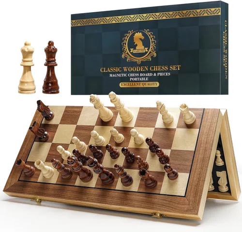 Juego de tablero de ajedrez magnético para adultos y niños, tableros de ajedrez plegables de madera de 15 pulgadas, juego de ajedrez de viaje