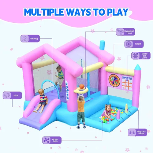 Miniatura 4 de Casa inflable para saltar para niños de 3 a 10 años, castillo hinchable de 123" L x 110", para saltar, con tobogán, aro de baloncesto, fosos