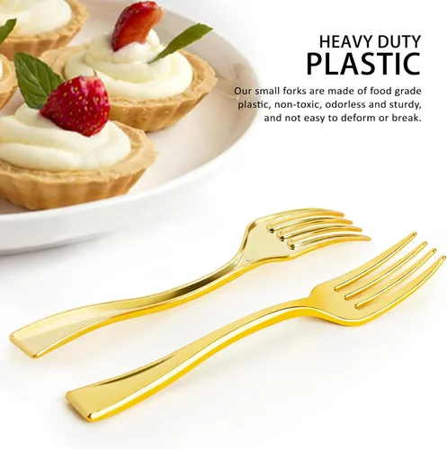 Miniatura 5 de Mini tenedores de plástico dorado de 4 pulgadas, paquete de 100 tenedores desechables para aperitivos, tenedores pequeños resistentes para fiestas