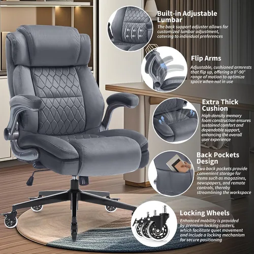 Miniatura 4 de Silla de oficina de respaldo alto de tela, 400 libras, soporte lumbar integrado, brazos abatibles, ruedas de bloqueo, silla de escritorio ergonómica