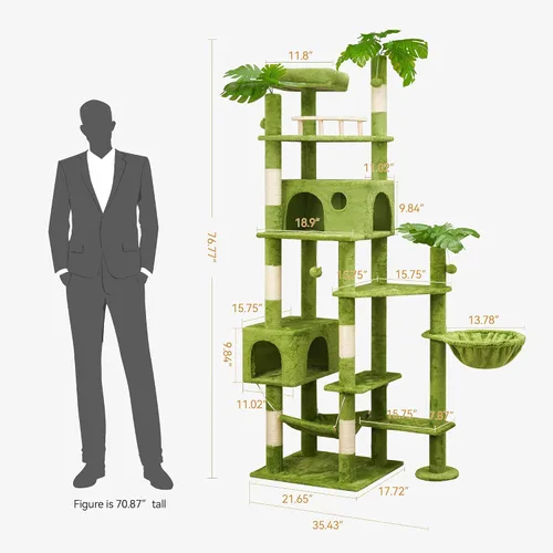 Miniatura 3 de Meecal Árbol para Gatos de 65 Pulgadas de Alto con Hojas para Gatos de Interior, Torre Verde para Gatos con Poste Rascador, Hamaca Colgante, Percha