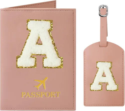 Soporte para pasaporte, estuche y etiquetas de equipaje de cuero rosa, parche de chenilla con iniciales, esenciales de viaje familiar