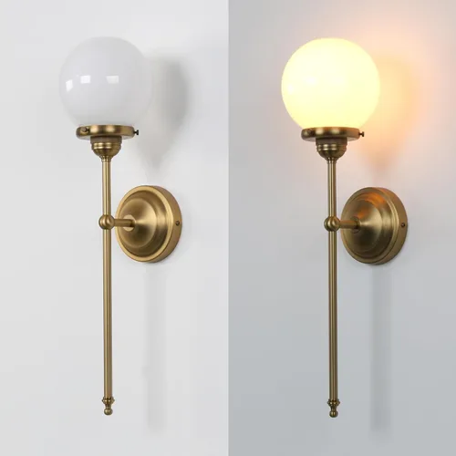 Miniatura 4 de Lámpara de pared industrial vintage, pantalla de globo de vidrio blanco lechoso con brazo largo, lámpara de pared de latón antiguo, lámpara de pared