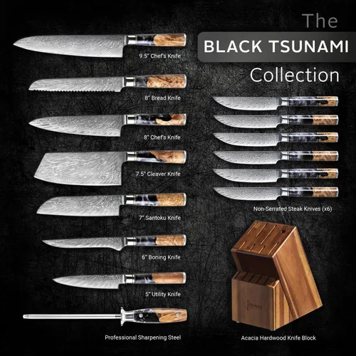 Miniatura 3 de SENKEN 15-Piece Damascus Knife Block Set - Black Tsunami Collection - Japanese Chef Knife Set with 67-Layer Japanese VG10 Steel Blades