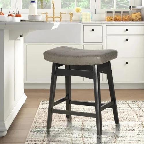 Miniatura 22 de ALPHA HOME Taburete de bar, taburete de cocina de silla de montar de madera maciza con cojín de tela de lino beige, taburete de bar de altura
