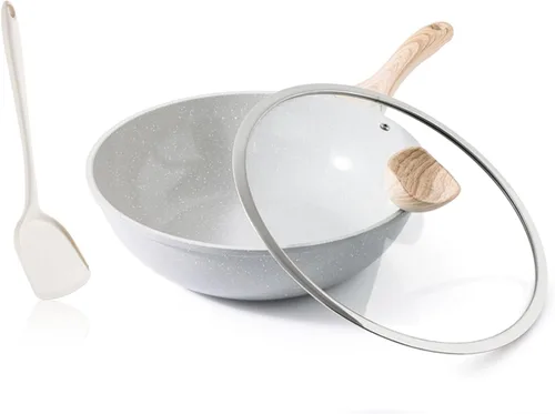 Sartén Wok Cerámica Kordisen, Wok Antiadherente de 30.5 cm con Tapa, Woks y Sartenes para Freír Saludables y Sin Toxicidad para Cocinar, Utensilios