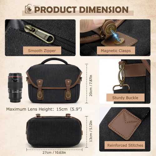 Miniatura 5 de RAINSMORE - Bolsa de cámara de lona, estuche para cámara DSLR/SLR/sin espejo, bolsas de hombro compactas para fotógrafos con funda para la lluvia