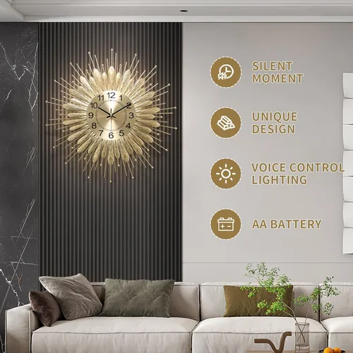 Miniatura 6 de Reloj de pared dorado de 23 pulgadas con diseño de rayos de sol, relojes de pared decorativos de mediados de siglo a pilas, diseño de rayos de sol
