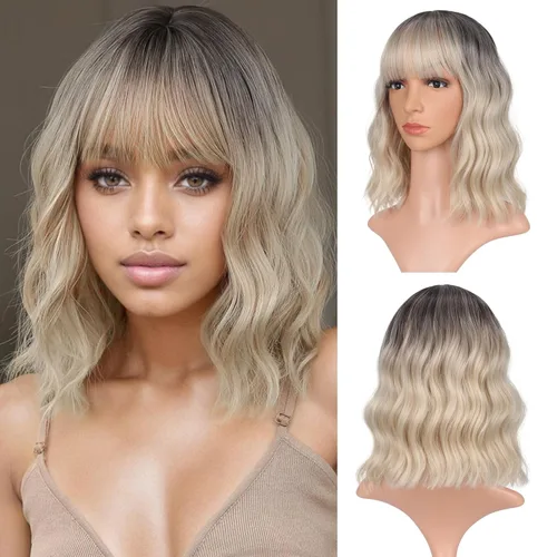 Miniatura 36 de VCKOVCKO Peluca natural ondulada rosa pastel, pelucas coloridas con flequillo de aire, pelucas cortas estilo Bob para mujer, pelucas largas hasta