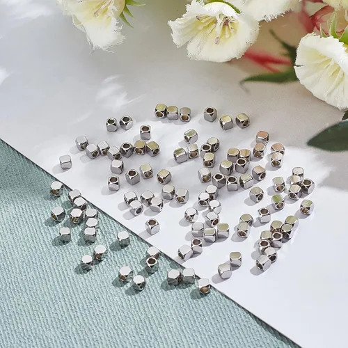 Miniatura 4 de PandaHall - 100 cuentas espaciadoras de metal de cubo de 0.118 pulgadas, cuentas sueltas de acero inoxidable para fabricación de joyas, agujero
