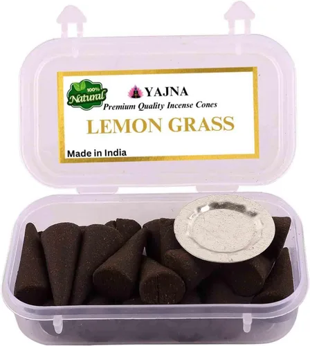 Yajna Lemon Gras 100% - Conos de incienso naturales hechos a mano, sumergidos a mano, orgánicos, sin productos químicos para purificación, Hierba de